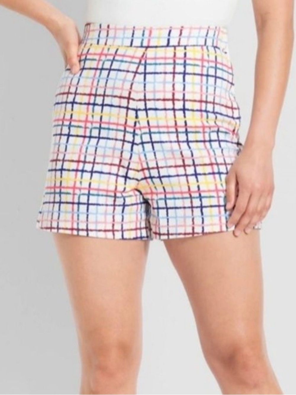 Collectif x ModCloth White High-Waist Shorts with Multicolor Grid